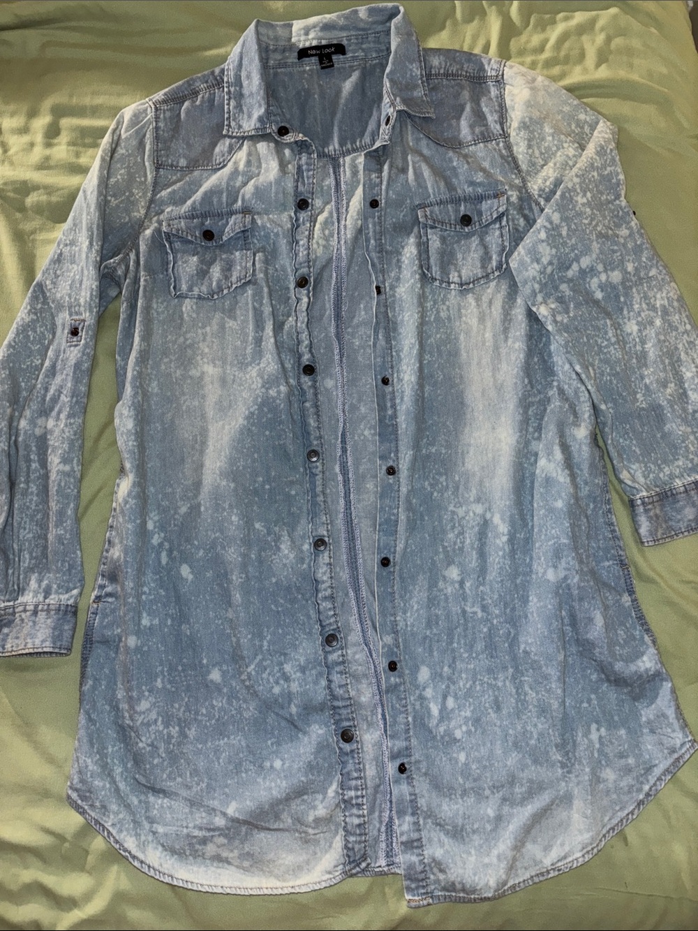 New Look Bleached Light Blue Denim Button-Down Shirt